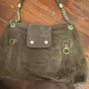 Barbour Dark Brown Oilskin and Leather Shoulder Bag with Vintage Design